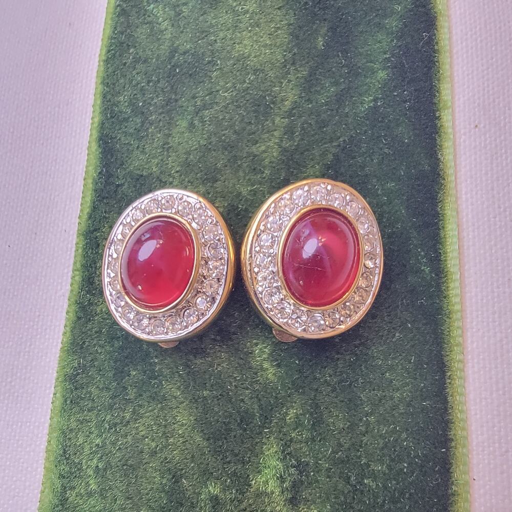 Vintage Red Glass & Rhinestone Clip-on Clip On Goldtone Earrings 1980s